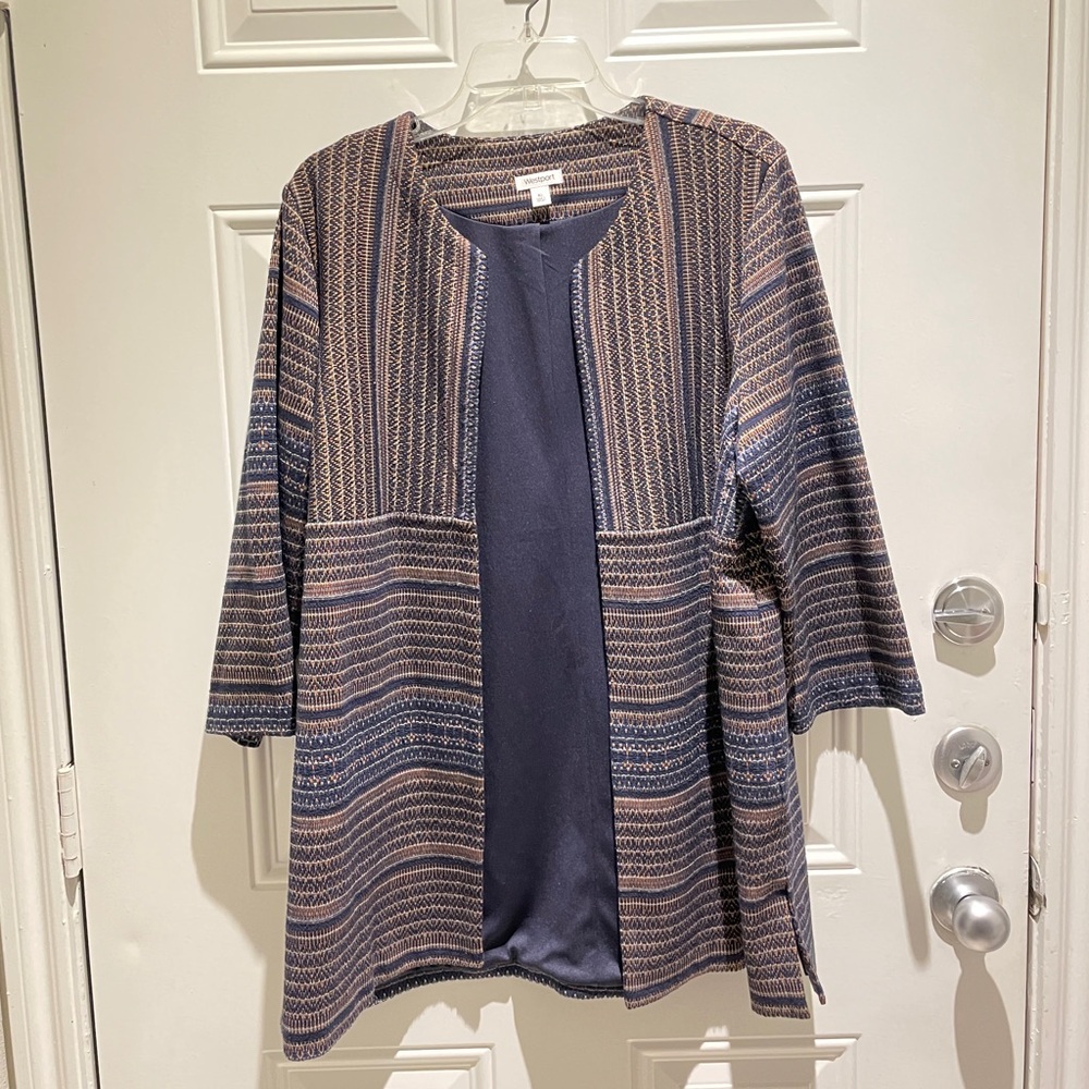 Westport Tribal Print Navy Orange Open Front Cardigan Business Jacket Size XL